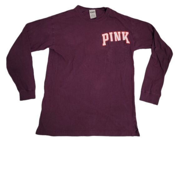 VS PINK t-shirt maroon long sleeve crew neck spellout with pocket oversized XS - Picture 2 of 10
